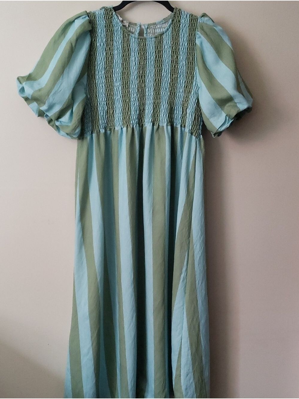 Italian Made Smocked Puff-Sleeve Midi Dress in Light Blue & Sage Green